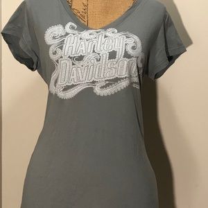 Harley Davidson sexy lace silk screen olive green short sleeve V neck tee sz M